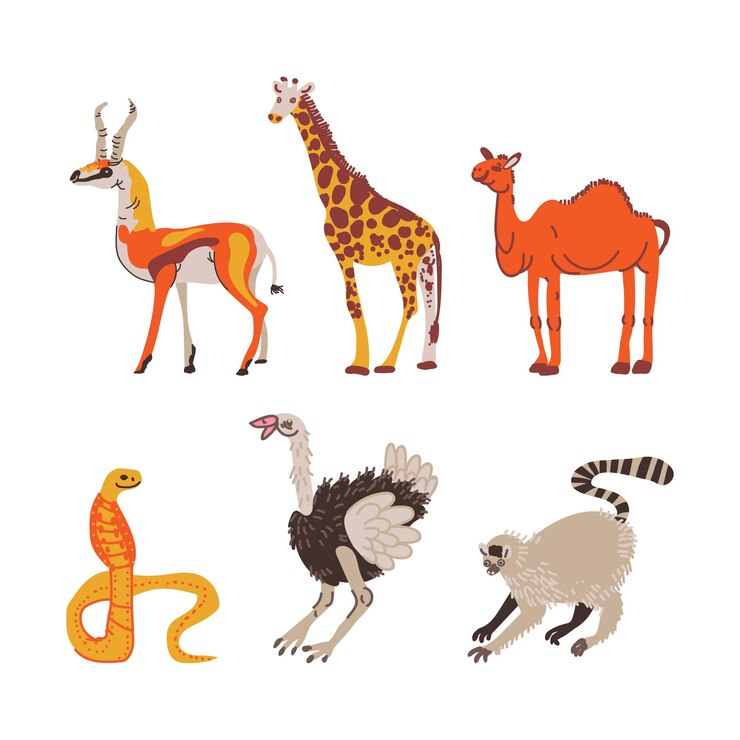 Vector animales africanos con un conjunto de vectores de cobra, jirafa, camello, avestruz y lémur