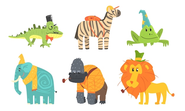 Animales africanos divertidos Personajes de dibujos animados Gorila Camaleón Rana Elefante León Cebra Ilustración vectorial