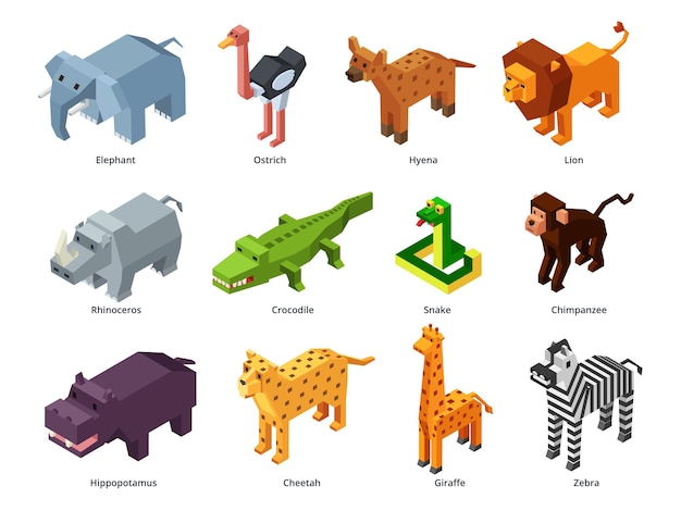 Animales africanos isométricos low poly zoo poligonal cocodrilo león y jirafa mono serpiente elefante juguete y cebra 3d juego vector conjunto