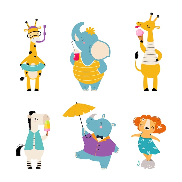 Animales africanos lindos disfrutando del set vectorial de actividad de verano caliente