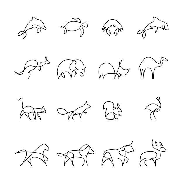 Vector animales de arte de línea continua establecidos en un estilo moderno arte de línea moderna con iconos de animales negros conjunto de logotipos de animales ilustración de línea continua gráfico vectorial eps 10