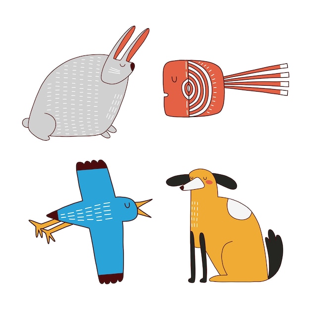 Vector animales de arte popular dibujados a mano ilustración plana. animales vectoriales en estilo escandinavo aislados