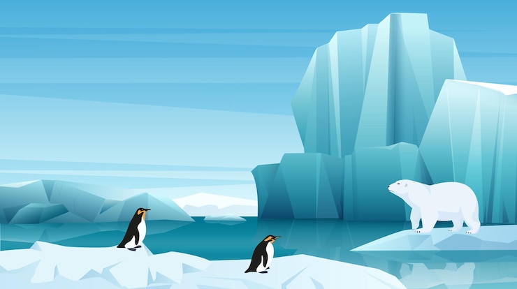 Vector animales del ártico y la antártida en el paisaje del oso polar del norte y pingüinos flotando en icebergs