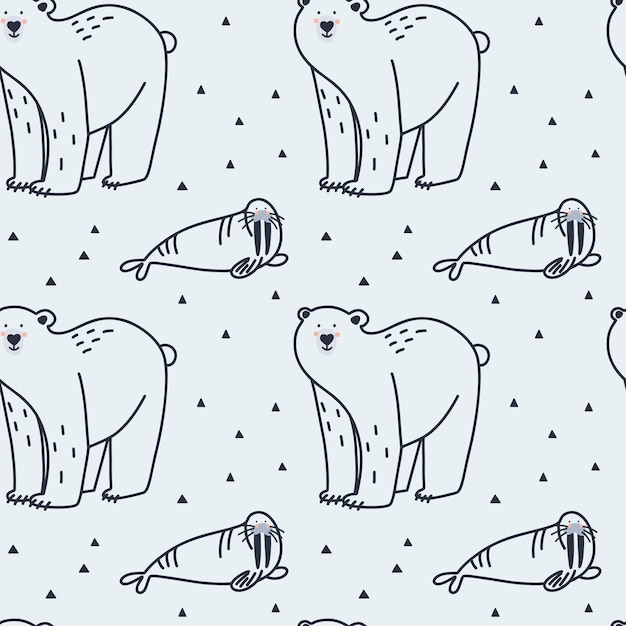 Animales árticos patrón sin costuras Doodle Aves polares y mamíferos habitantes lindos del norte Diseño de papel de envoltura textil papel tapiz Impresión para tela Fondo de fauna del norte aislado plano de dibujos animados