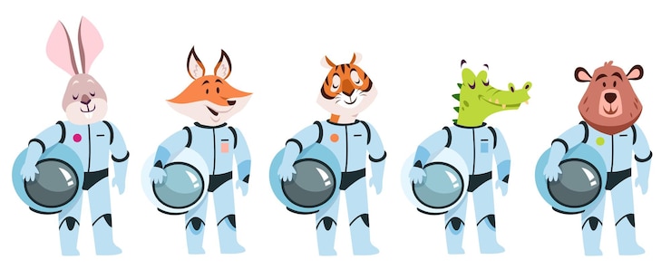 Vector animales astronautas cosmonauta en trajes cósmicos blancos con cascos en las manos linda liebre y zorro conejo y tigre cocodrilo y oso exploradores de galaxias colección infantil vector dibujos animados conjunto aislado