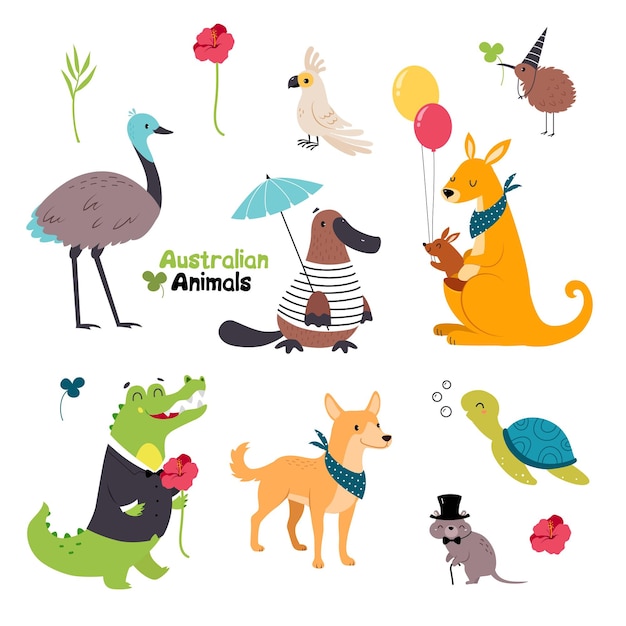 Animales australianos con un canguro que lleva a su bebé en una bolsa y un cocodrilo en una chaqueta que sostiene un conjunto de vectores de flores