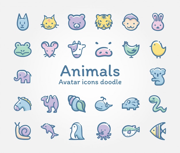 Animales avatar vector iconos doodle