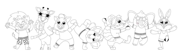 Animales bailando con expresiones adorables y movimientos lúdicos Ilustraciones lineales vectoriales