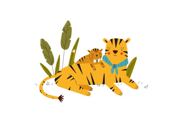 Animales bebé safari cariñosa madre tigre tigresa muestra amor por la ilustración de vector de estilo de dibujos animados de bebé aislado en blanco