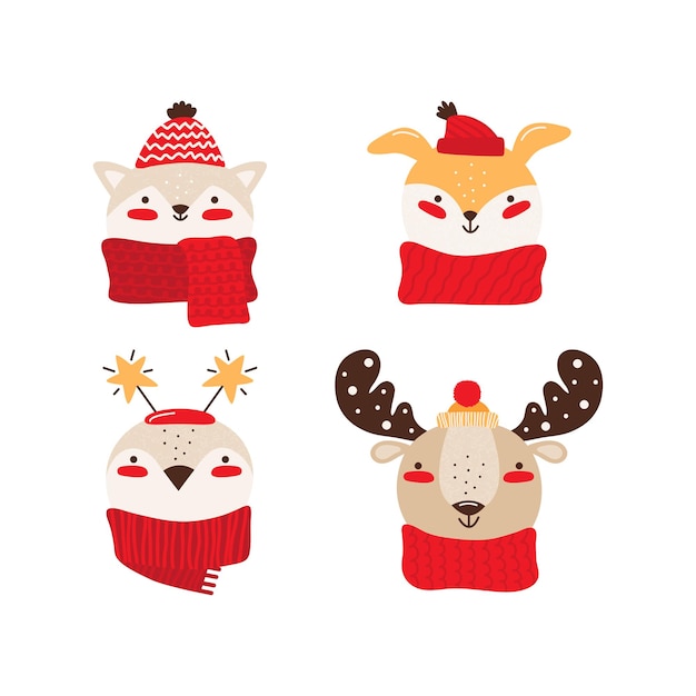 Animales bebés felices para Navidad o Año Nuevo Gato perro pingüino alce en accesorios de invierno Colección lindos personajes de dibujos animados con caras sonrientes aisladas sobre fondo blanco Ilustración vectorial