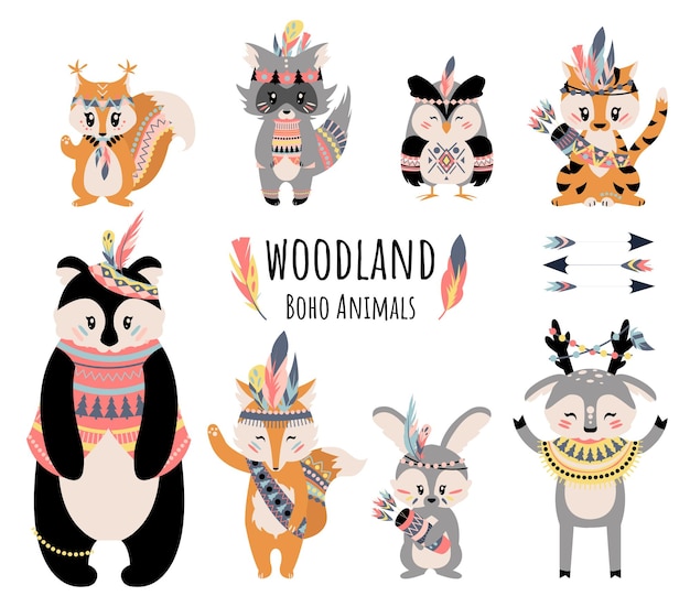 Vector animales boho. cute dibujos animados bosque mapache zorro oso conejo zorro y otros animales del bosque. personajes divertidos de ilustración vectorial para niños ilustración