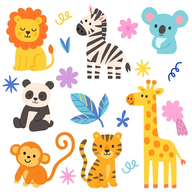 Animales bonitos en la selva León Cebra Koala Panda Mono Tigre y jirafa