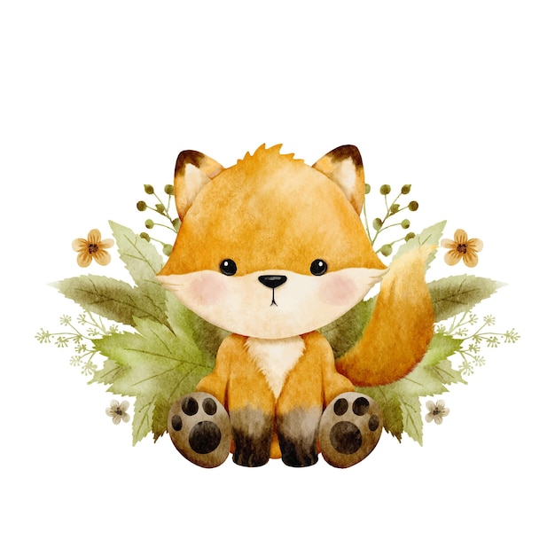 Animales de bosque de acuarela de dibujos animados bonitos Vector de zorro pintado a mano sentado en hojas de otoño