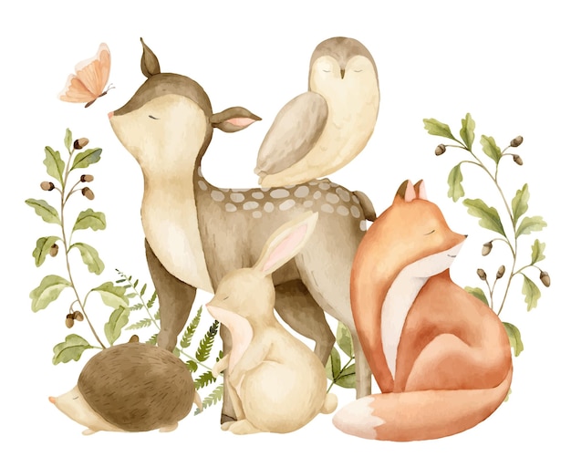 Animales del bosque para bebés Tarjetas de felicitación para la ducha de bebés o invitaciones para recién nacidos Ilustración de acuarela dibujada a mano con lindo conejo de ciervo zorro y búho para diseño infantil Caracter para cartel de guardería