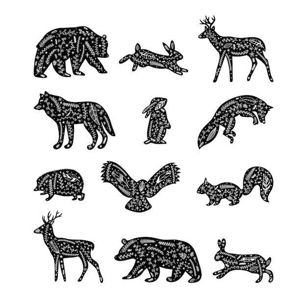 Animales del bosque con elementos florales Siluetas dibujadas a mano Animales silvestres del bosque Ornamento floreciente