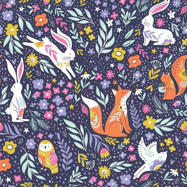 Animales del bosque con flores hojas diseño de vector de patrones sin fisuras infantiles para tela de moda wa