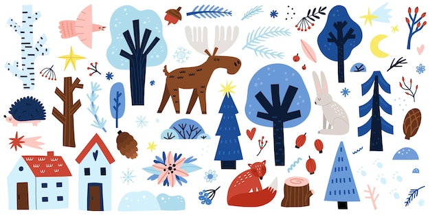 Animales del bosque de invierno Árboles nevados con alce zorro liebre y erizo azul ramas y conos casas acogedoras hermosa naturaleza salvaje dibujado a mano Año Nuevo y Navidad conjunto vector dibujos animados ilustración plana