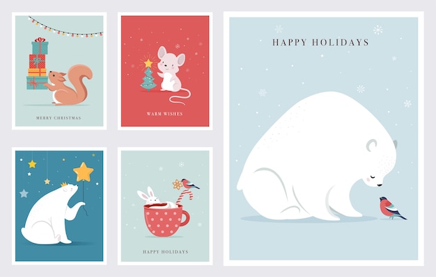 Animales del bosque de invierno, tarjetas de felicitación de feliz navidad, carteles con lindos osos, pájaros, conejos, ciervos, ratones y pingüinos.