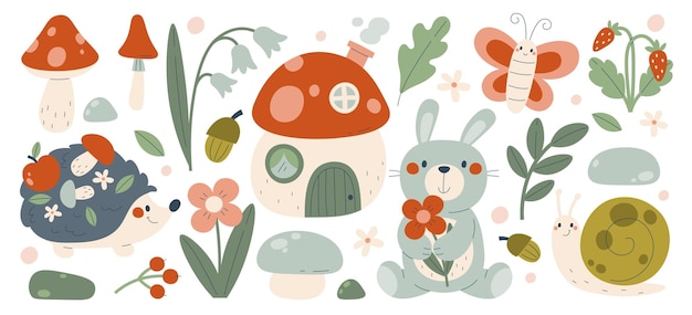 Animales del bosque lindos e insectos personajes con flores florecen bayas set natural set