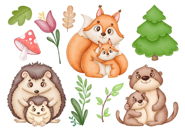 Animales del bosque madre y bebé acuarela clipart