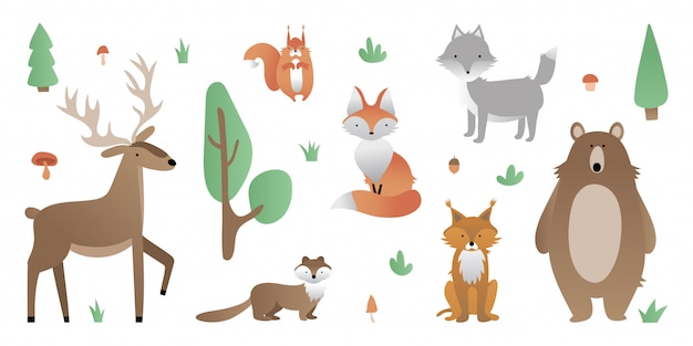 Vector animales del bosque. oso, lobo, zorro, venado, lince, ardilla, marta. árbol, arbusto, hierba, seta, bellota.