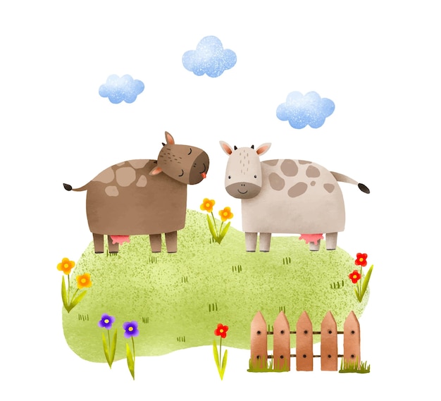 Animales caminando por el césped entre las flores Ilustración de paisaje dibujada a mano en un fondo aislado Composición dibujado a mano de niños para tarjetas de decoración e invitaciones