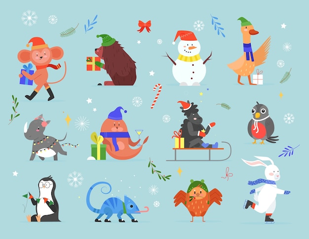 Los animales celebran el conjunto de ilustraciones vectoriales de Navidad, colección de zoológico de dibujos animados con personajes de Navidad de animales silvestres celebrando las vacaciones de invierno