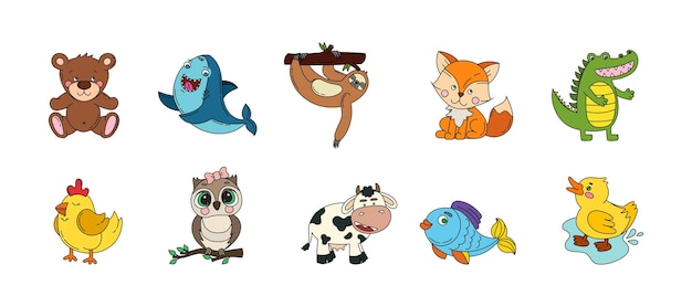Animales Cute Doodle Set Vector Color Ilustración aislado en blanco