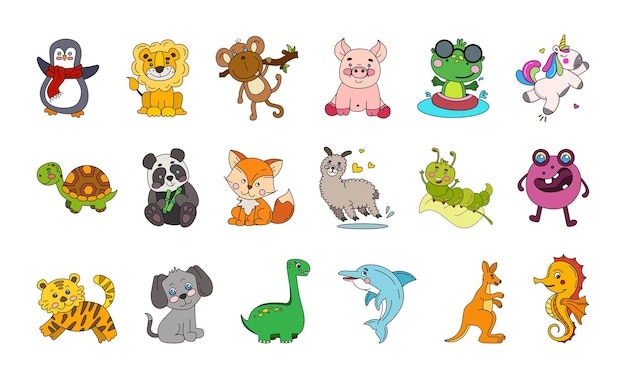 Animales Cute Doodle Set Vector Color Ilustración aislado en blanco