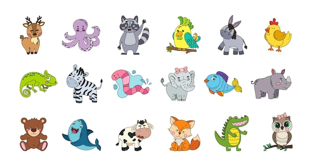 Animales Cute Doodle Set Vector Color Ilustración aislado en blanco