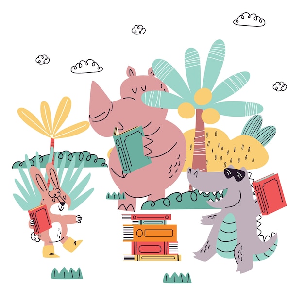 Vector animales dibujados a mano parecidos a niños leyendo una ilustración