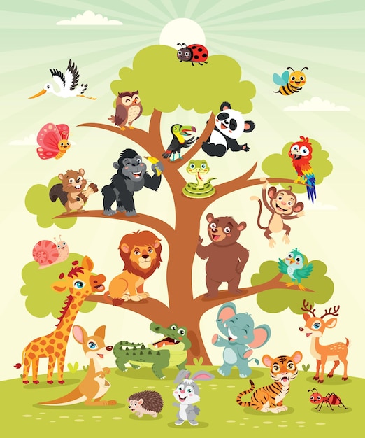 Animales de dibujos animados en un árbol