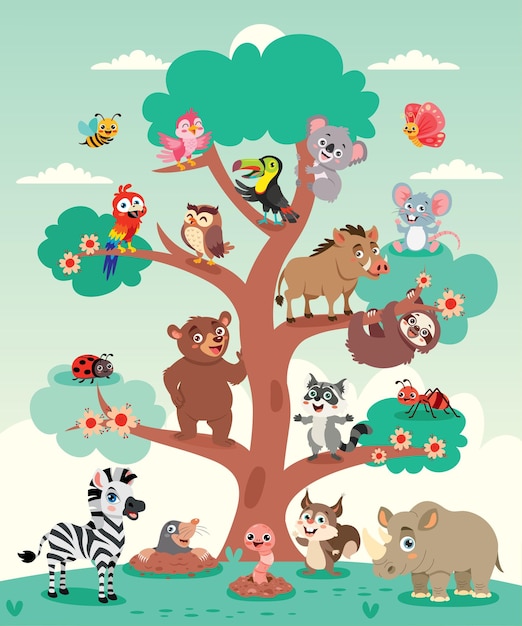 animales de dibujos animados en un árbol