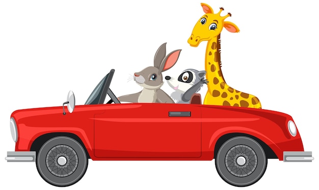 Animales de dibujos animados en coche clásico sobre fondo blanco.