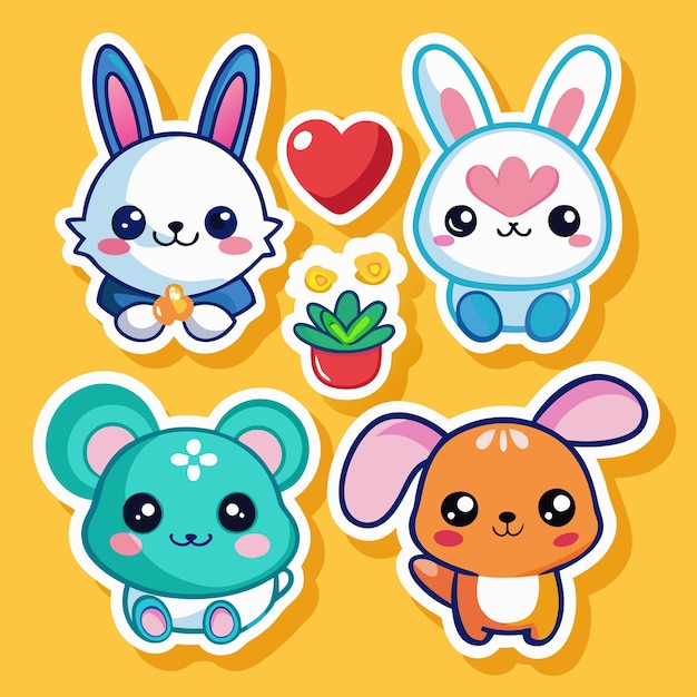 Animales de dibujos animados con corazones y flores