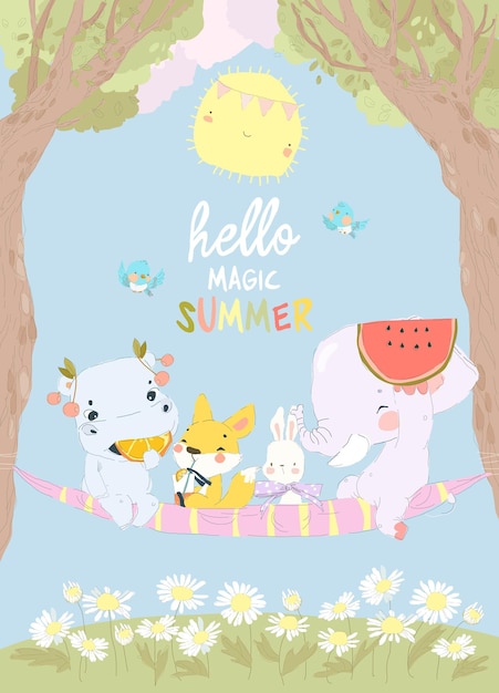 Animales de dibujos animados disfrutando del verano en la gran hamaca