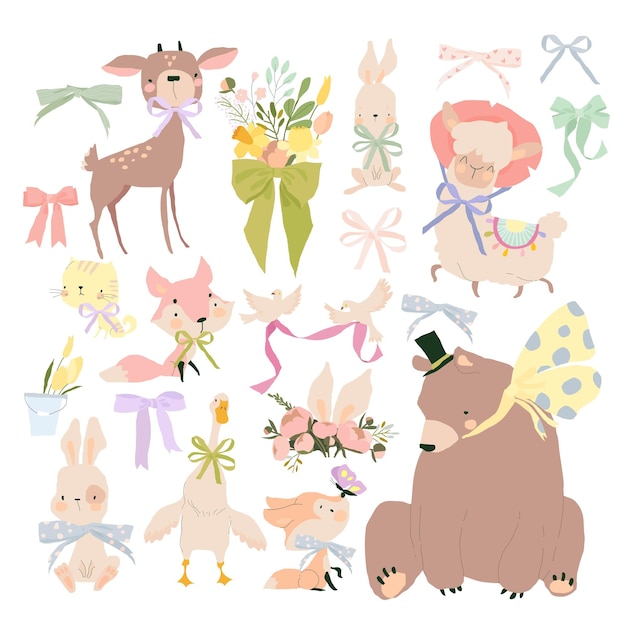 Animales de dibujos animados divertidos con cintas sobre un fondo blanco