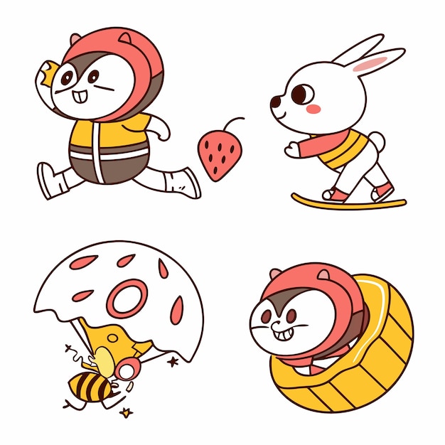 Animales de dibujos animados divirtiéndose hámster corriendo conejo patinando abeja con paracaídas y hámster en rueda de hámster