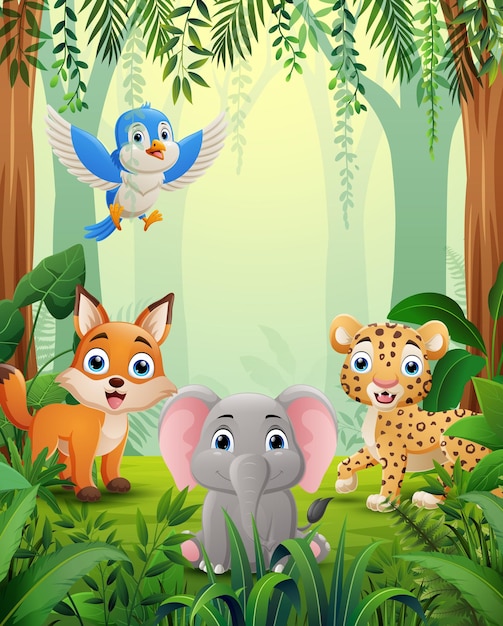 Animales de dibujos animados felices en un bosque exuberante