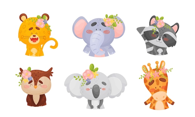 Animales de dibujos animados con flores en sus cabezas Conjunto vectorial