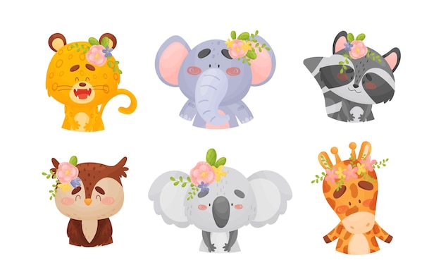 Animales de dibujos animados con flores en sus cabezas Conjunto vectorial