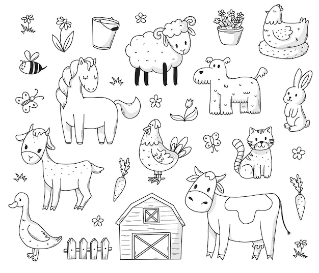 Animales de dibujos animados de la granja colección de elementos de garabateo para páginas para colorear impresiones de tarjetas