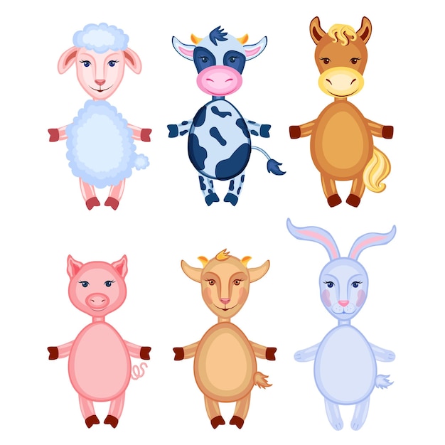 Animales de dibujos animados de granjeros lindos vaca cerdo conejo caballo cordero cabra aislado en vector de fondo blanco