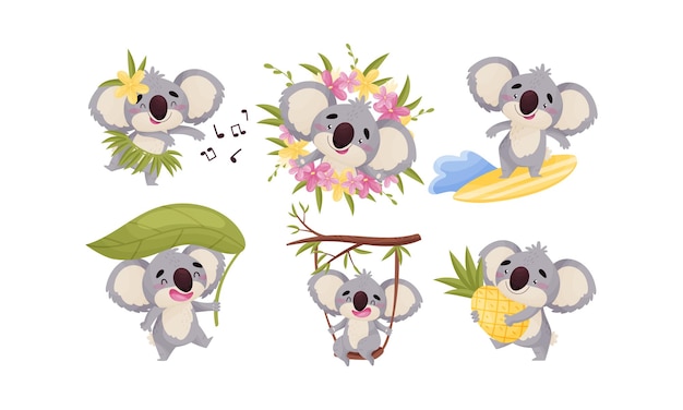 Animales de dibujos animados Koala con orejas y nariz grandes Surfboarding y Swinging en Swing Vector Set