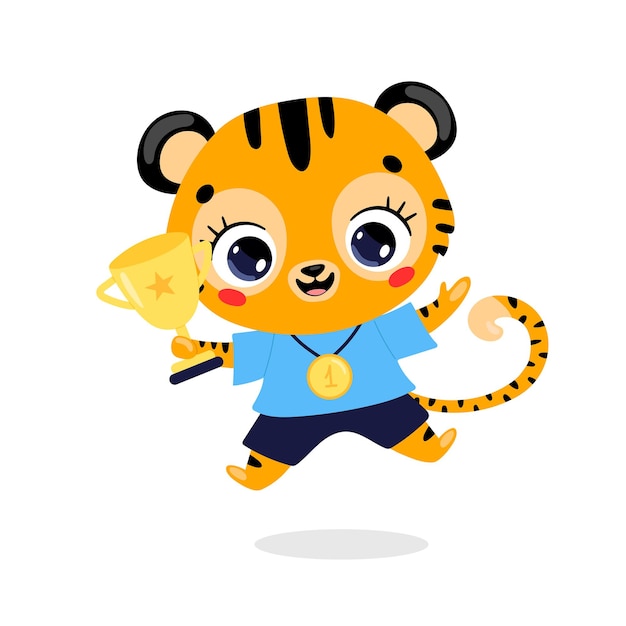 Animales de dibujos animados lindo doodle plano deporte ganadores con medalla de oro y copa. ganador del deporte del tigre