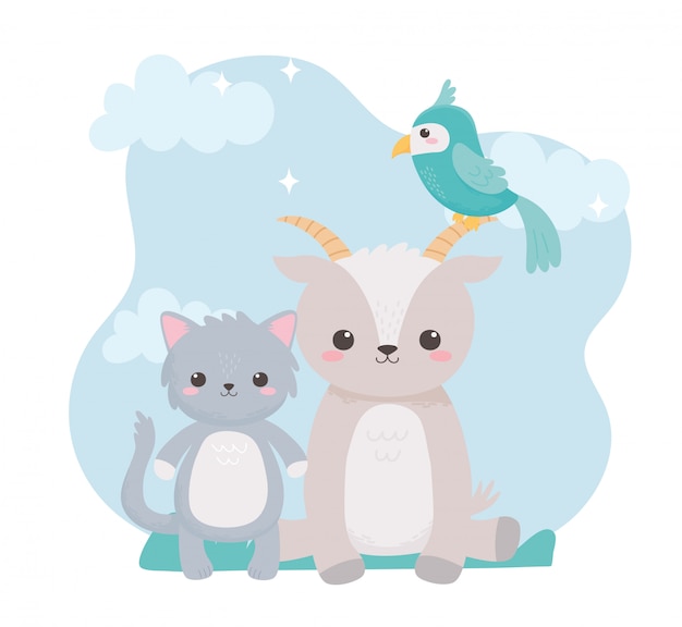 Animales de dibujos animados lindo gato cabra y loro en un paisaje natural