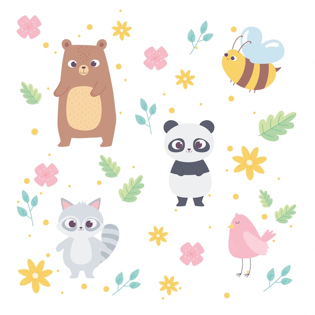 Animales de dibujos animados lindo Pequeño oso panda, mapache, pájaro, abeja y flores