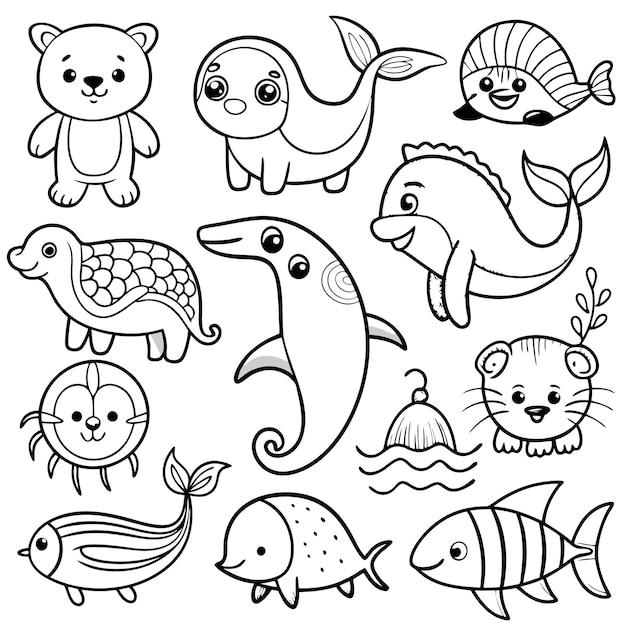 Animales de dibujos animados lindos, incluidas criaturas marinas y