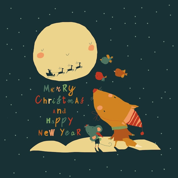 Animales de dibujos animados lindos mirando a Papá Noel en un paseo en trineo en el cielo
