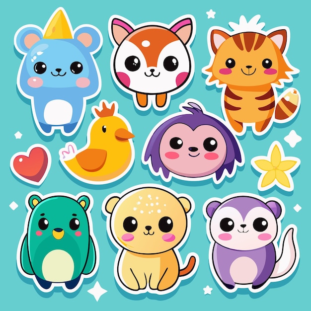 Animales de dibujos animados con ojos grandes y expresiones felices